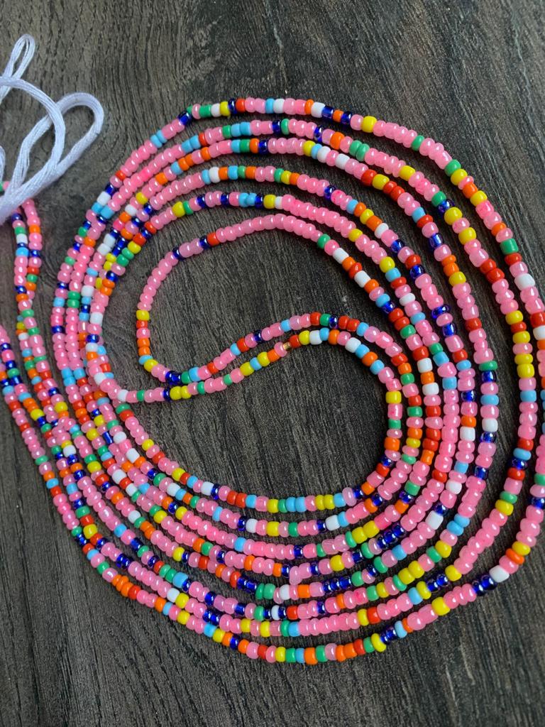Pink- Waist Beads – Tie-On African Waist Bead Strand for Women, 45-50 Inches Adjustable, Body Jewelry for Adornment, Promoting Body Positivty & Weight Managemen