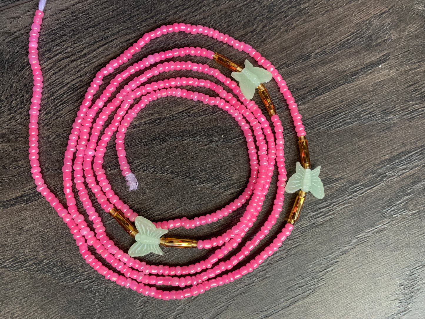 Pink Waistbeads With Glow in the Dark Butterflies Waist Beads- Tie on 45"-50