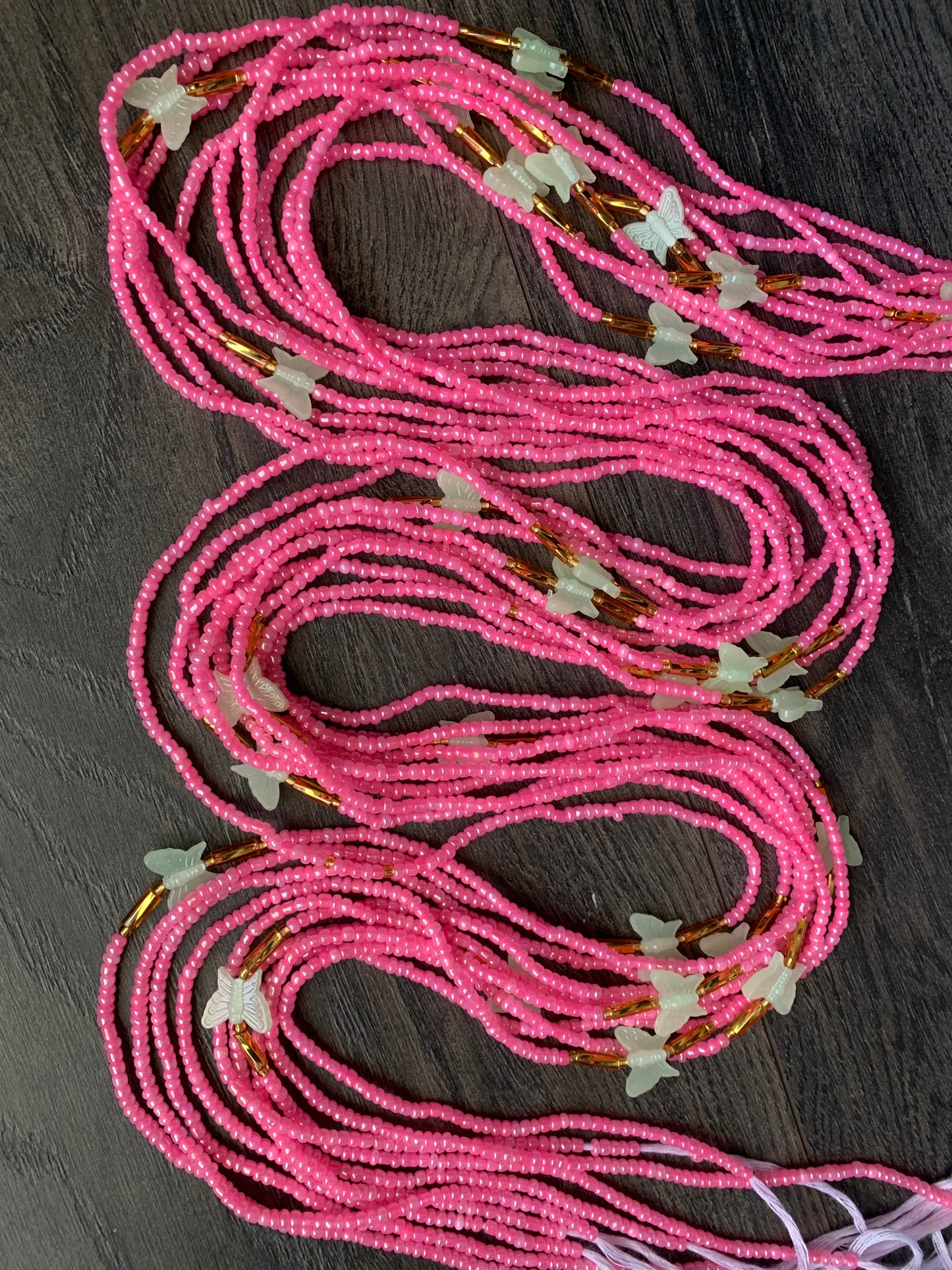 Pink Waistbeads With Glow in the Dark Butterflies Waist Beads- Tie on 45"-50