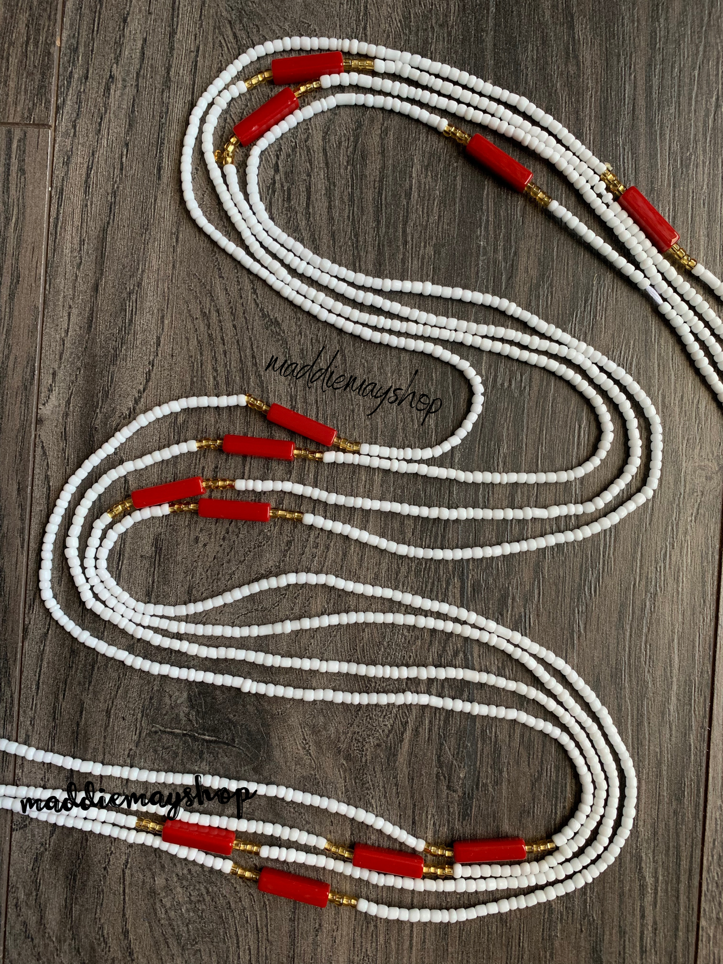 White & Red Waist Bead- Tie On 45”-50