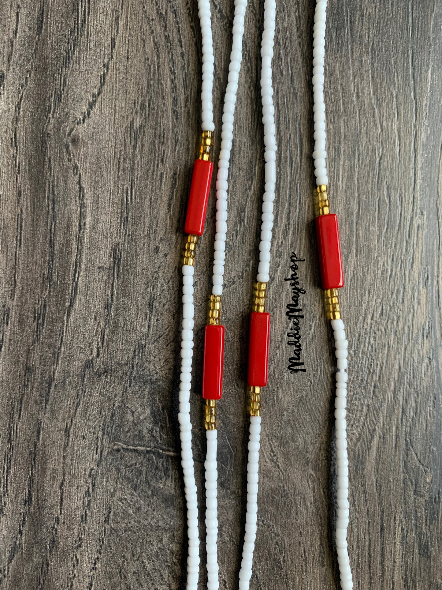 White & Red Waist Bead- Tie On 45”-50